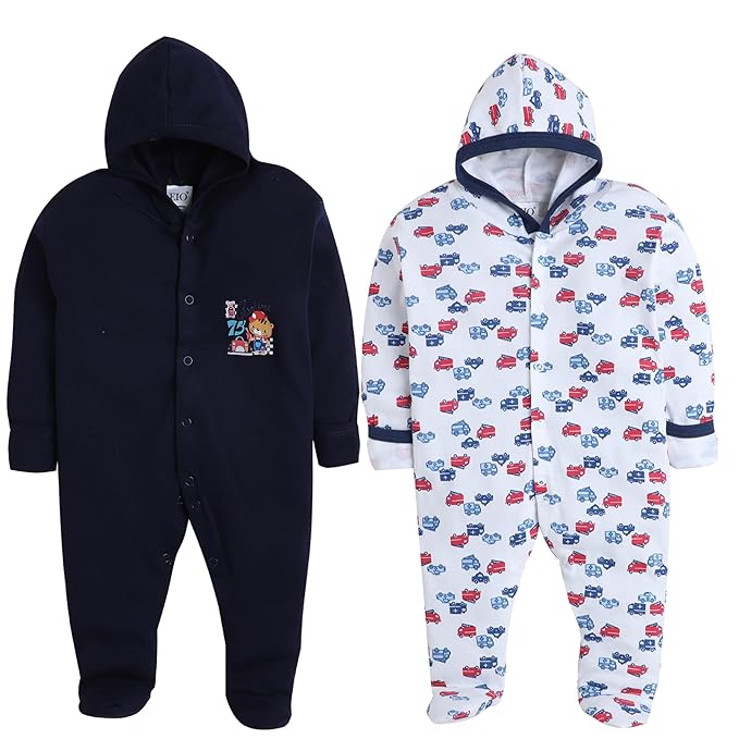EIO 100% Cotton Hooded Baby Rompers Combo Pack 2