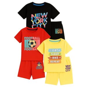 EIO Boys Cotton Printed Dress Clothing Set Combo with Tshirts & Shorts-Pack 3