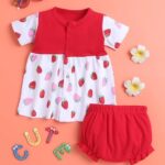 EIO Baby Girl Cotton Printed 2-Piece Dress Set, Short Sleeve Frock with Bloomers, Print - red