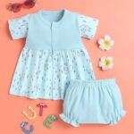 EIO Baby Girl Cotton Printed 2-Piece Dress Set, Short Sleeve Frock with Bloomers, Print - Mint
