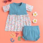 EIO Baby Girl Cotton Printed 2-Piece Dress Set, Short Sleeve Frock with Bloomers, Print - Blue