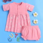 EIO Baby Girl Cotton Printed 2-Piece Dress Set, Short Sleeve Frock with Bloomers, Print - Pink