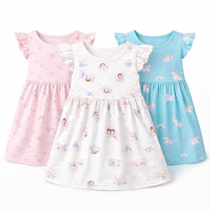 EIO Girls Cotton Short sleeves Frock set Combo Pack 3 | Multicolor Knee Length Casual Dresses for Kids | Soft & Breathable Summer Wear Outfit - Image 2