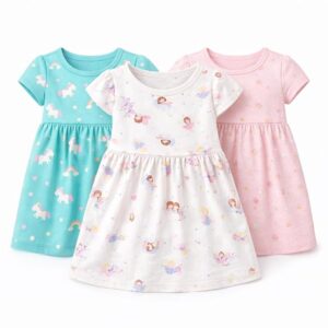 EIO Girls Cotton Half sleeves Frock set Combo Pack 3  | Multicolor Knee Length Casual Dresses for Kids | Soft & Breathable Summer Wear Outfit