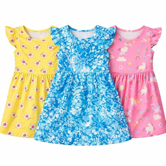 EIO Girls Cotton Short sleeves Frock set Combo Pack 3 | Multicolor Knee Length Casual Dresses for Kids | Soft & Breathable Summer Wear Outfit - Image 3