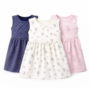 EIO Girls Cotton sleeveless Frock set Combo Pack 3  | Multicolor Knee Length Casual Dresses for Kids | Soft & Breathable Summer Wear Outfit