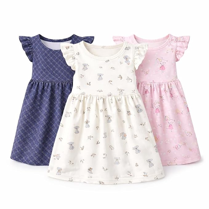 EIO Girls Cotton Short sleeves Frock set Combo Pack 3 | Multicolor Knee Length Casual Dresses for Kids | Soft & Breathable Summer Wear Outfit